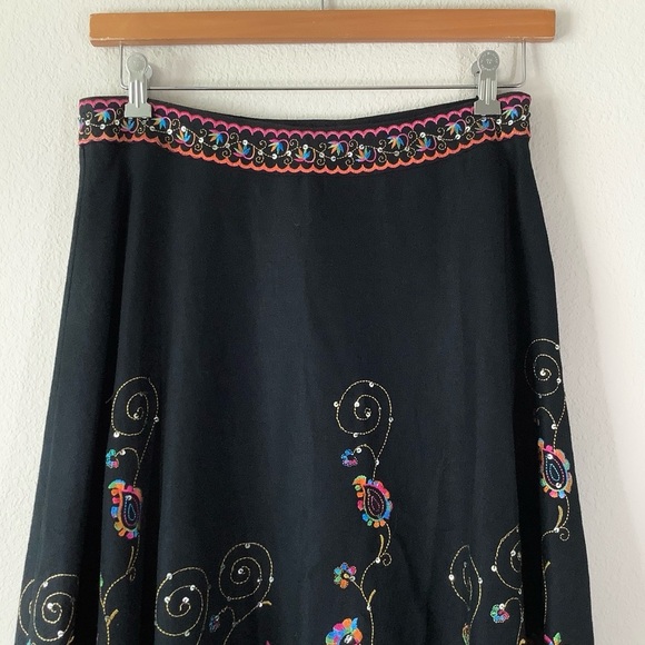 VINTAGE Embroidered Linen Skirt Black A-line Midi Pin-Up Retro Rockabilly 8 - Picture 2 of 12